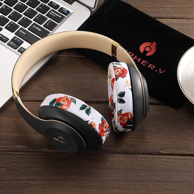cipher.v Replacement Ear Cushion Pads Cover Compatible with Beats Studio 2.0 and Studio 3.0 Over Ear Headphones 1 Pair(Floral White) - Image 4